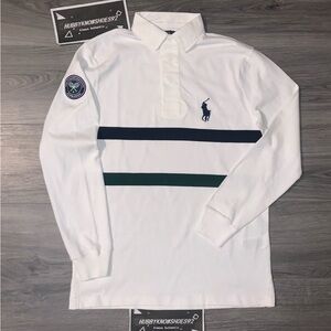 POLO RALPH LAUREN Mens White Striped Wimbledon Classic Fit Rugby Shirt $168